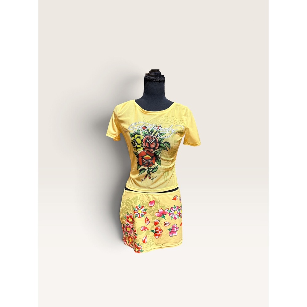 Ed Hardy Yellow Mesh Two Piece Set Rose Skull Floral Rhinestone Y2K Women